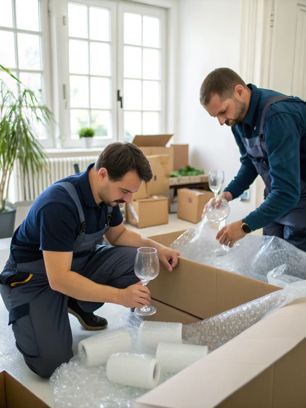 Movers carefully packing fragile items into boxes with protective padding, highlighting Lenco Move Co's packing and unpacking expertise.