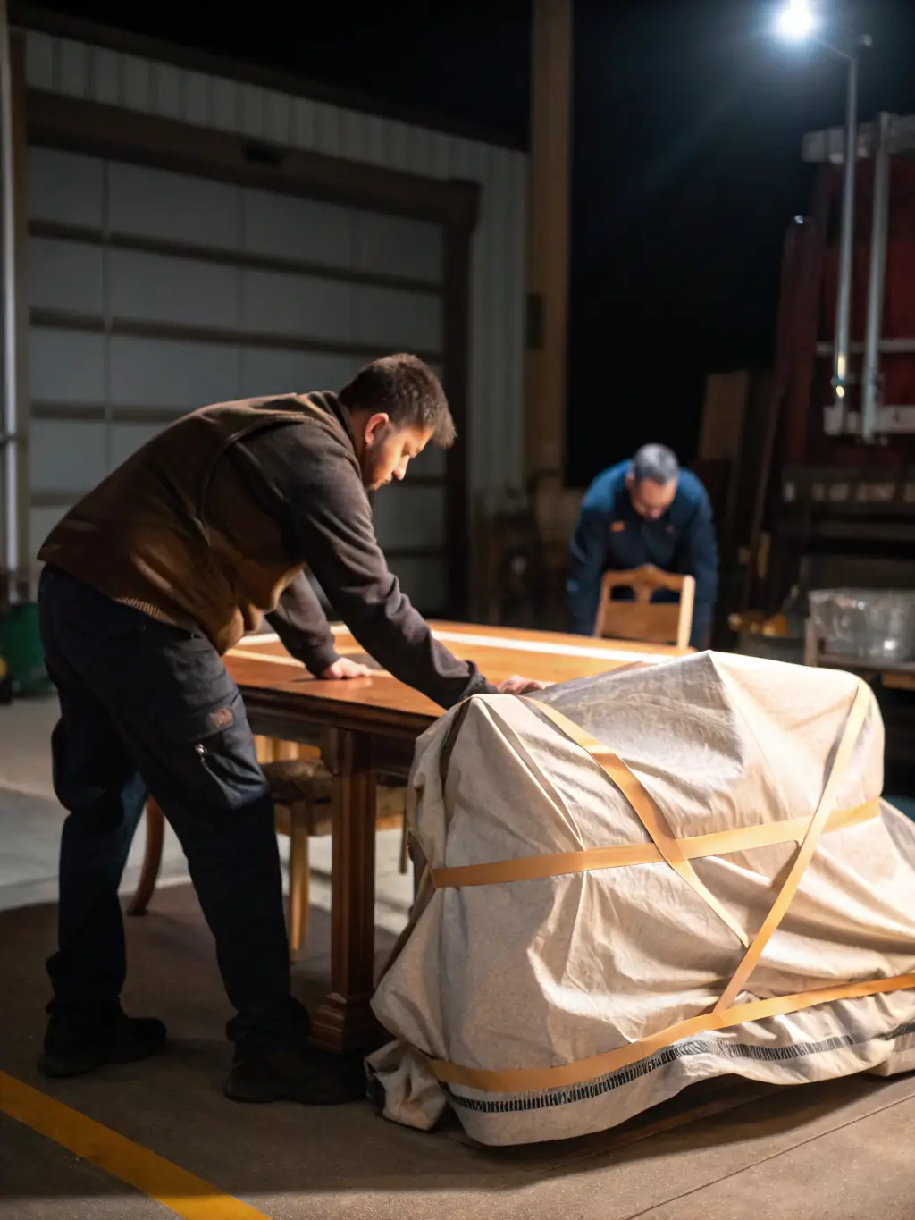 A mover carefully wrapping furniture with protective blankets, demonstrating the care and attention to detail provided by Lenco Move Co.