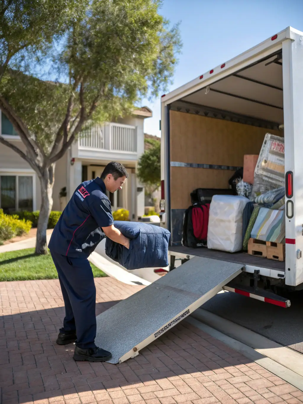 A professional moving crew carefully packing boxes and loading a moving truck in a residential neighborhood, representing Lenco Move Co's local moving service.
