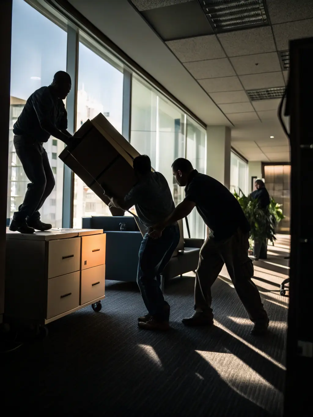 A team of movers carefully disassembling office furniture and packing computers in an office setting, showcasing Lenco Move Co's office moving service.