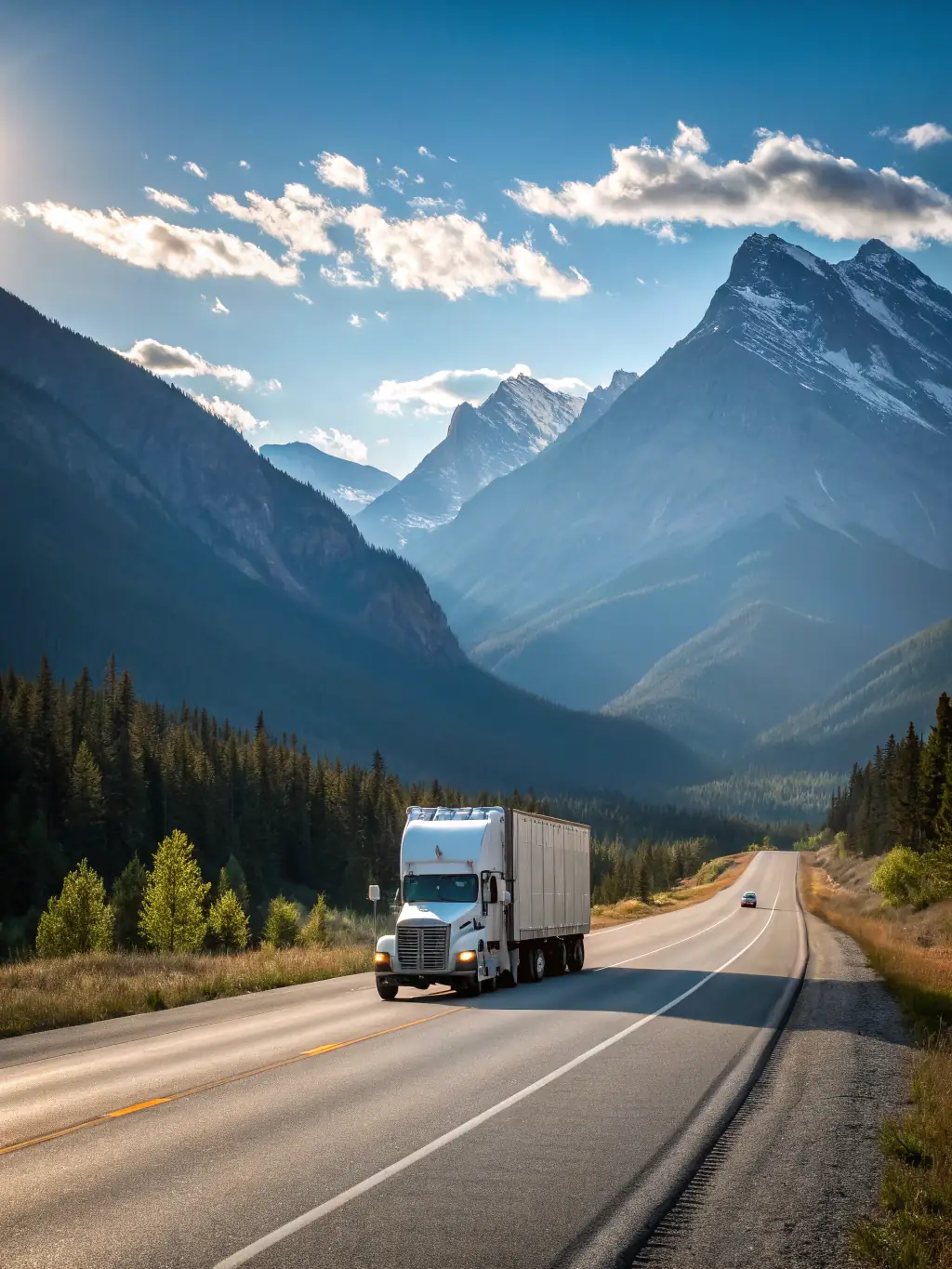 A moving truck on a highway with a scenic California backdrop, loaded with packed boxes, symbolizing Lenco Move Co's long-distance moving capabilities.