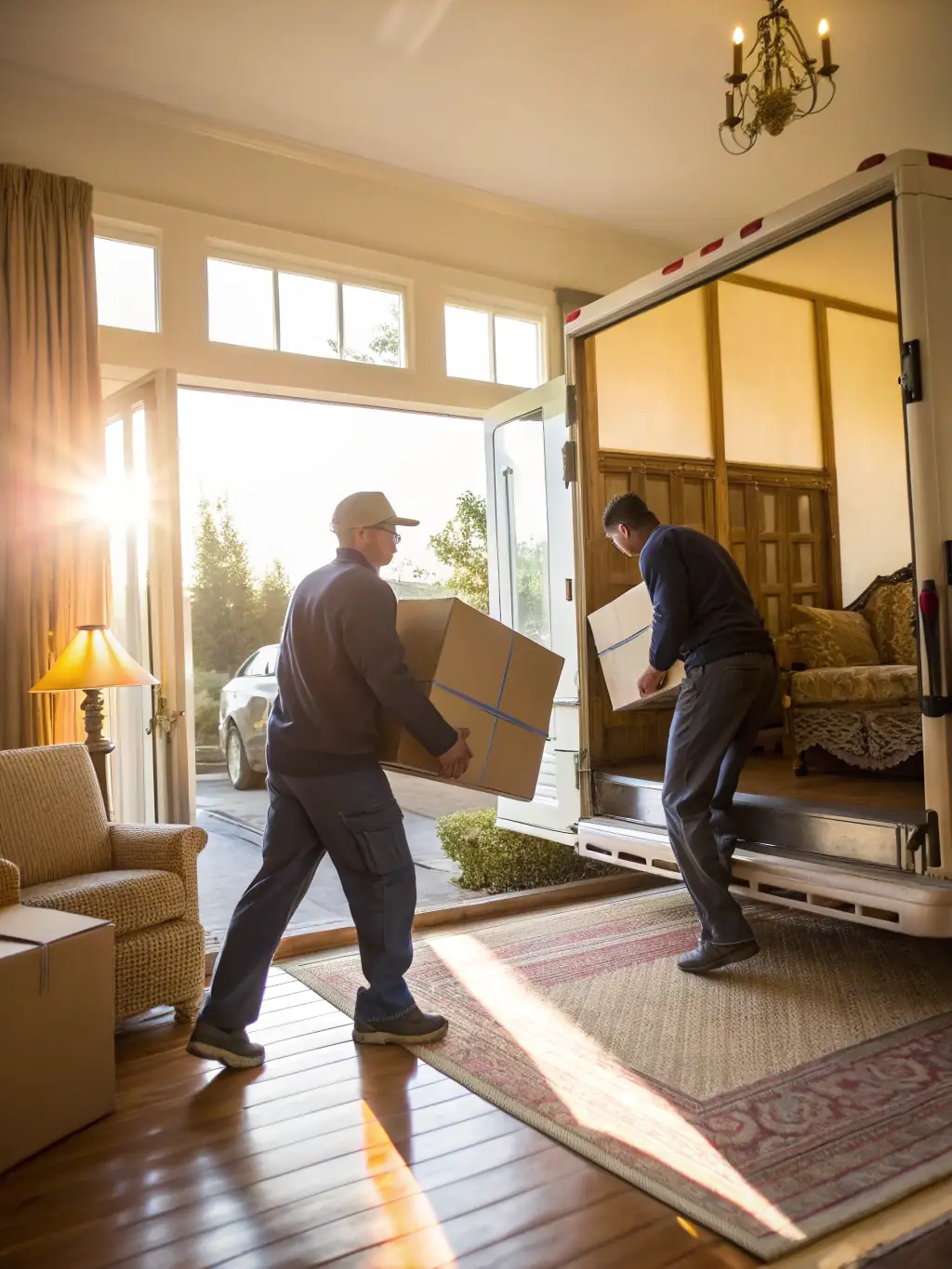 Movers efficiently loading boxes into a moving truck, highlighting the speed and efficiency of Lenco Move Co's moving services.