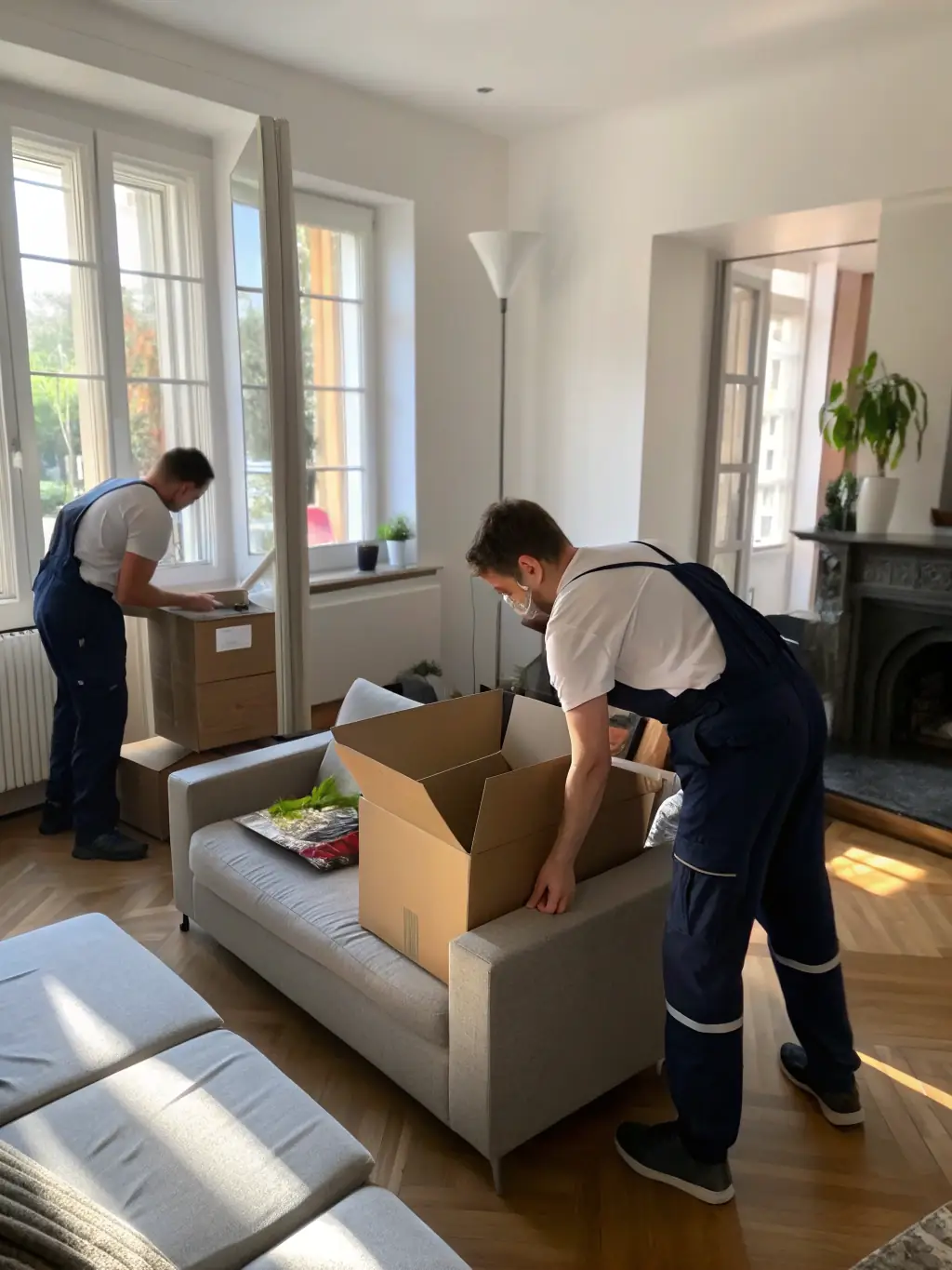 A mover assisting a client with unpacking boxes in their new home, emphasizing the comprehensive support provided by Lenco Move Co.