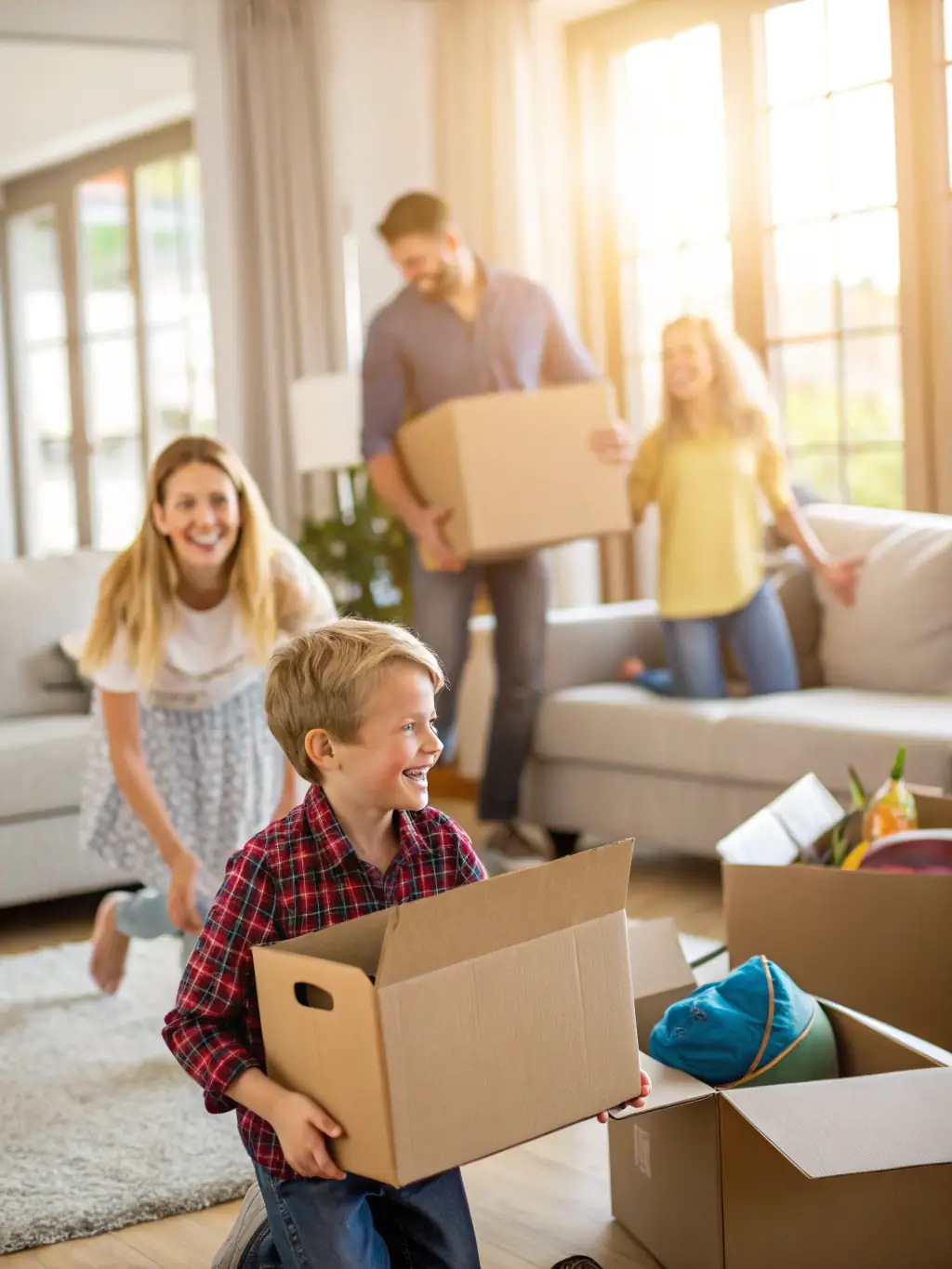 A family smiling and carrying boxes into their new home in a sunny Los Angeles neighborhood, representing Lenco Move Co's local moving services.
