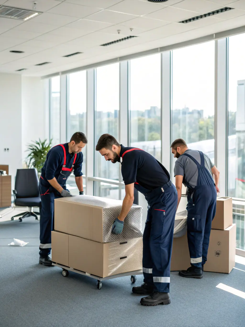 A team of movers carefully transporting office equipment and furniture in a modern office building, showcasing Lenco Move Co's office moving expertise.