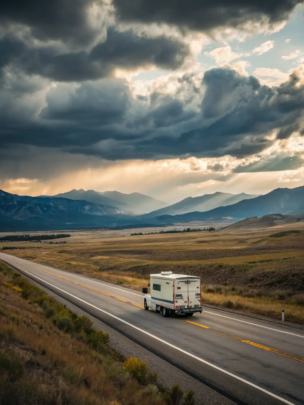 A moving truck driving on a highway with scenic California landscape in the background, symbolizing Lenco Move Co's long-distance moving capabilities.