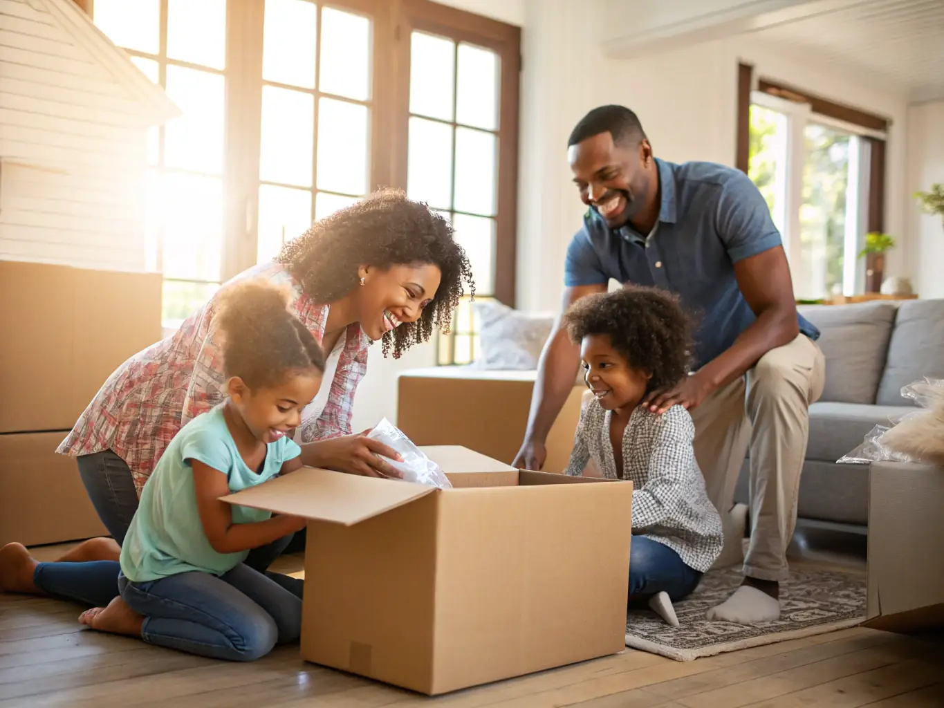 A family happily unpacking boxes in their new home in Los Angeles, with a Lenco Move Co truck visible in the background.