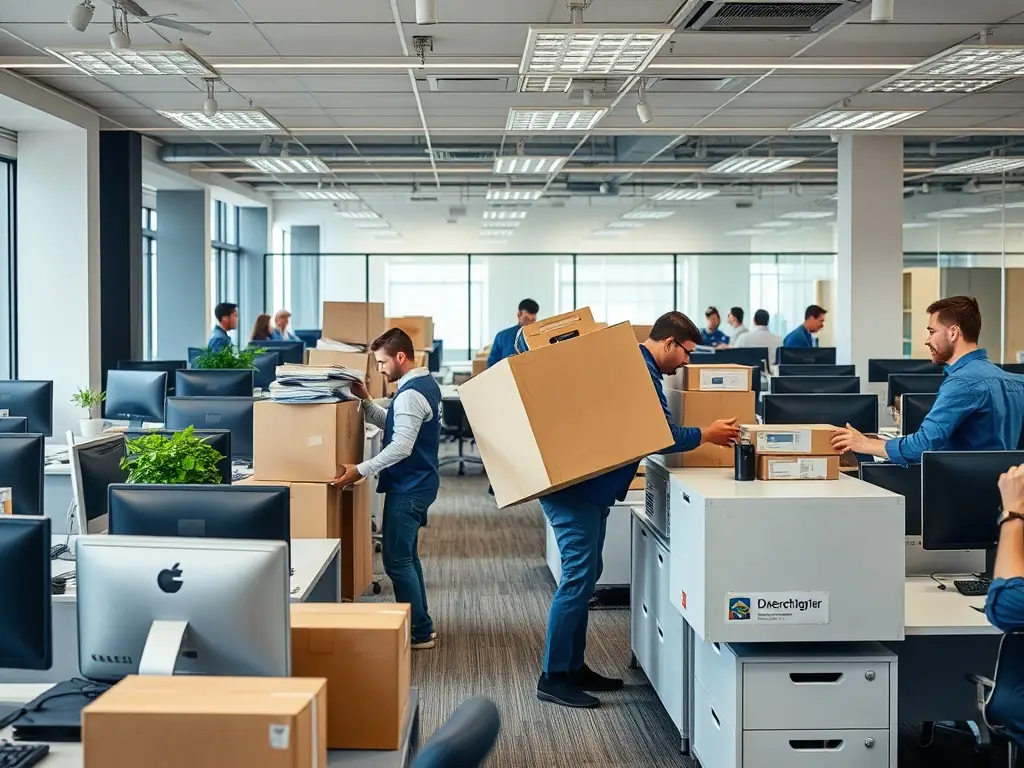 A well-organized office space being efficiently packed by Lenco Move Co movers, ensuring minimal disruption to business operations.